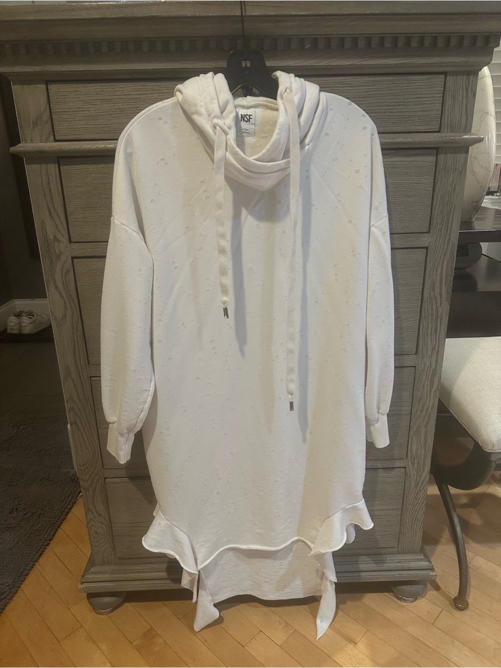NSF White Hooded Long Sleeve Distressed Sweatshirt Dress. Size S.